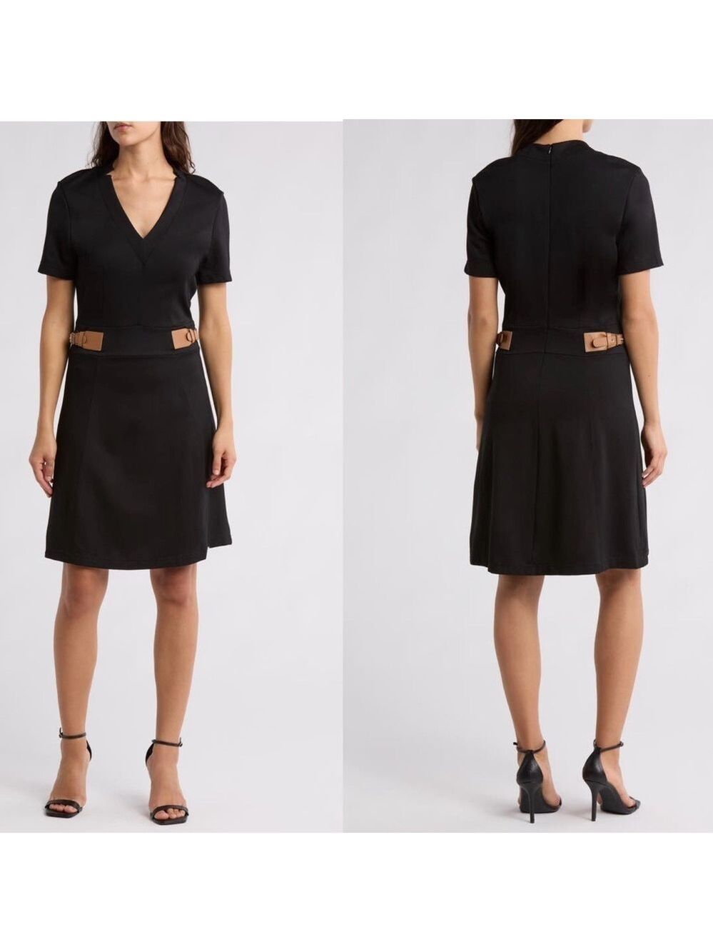 Ellen Tracy Black Belted Short Sleeve Fit & Flare Dress Sz M NWT